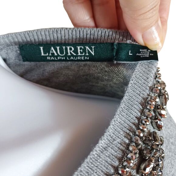Lauren Ralph Lauren Gray Embellished Jewel Sweater L Lightweight Beaded Knit Top - Picture 6 of 8